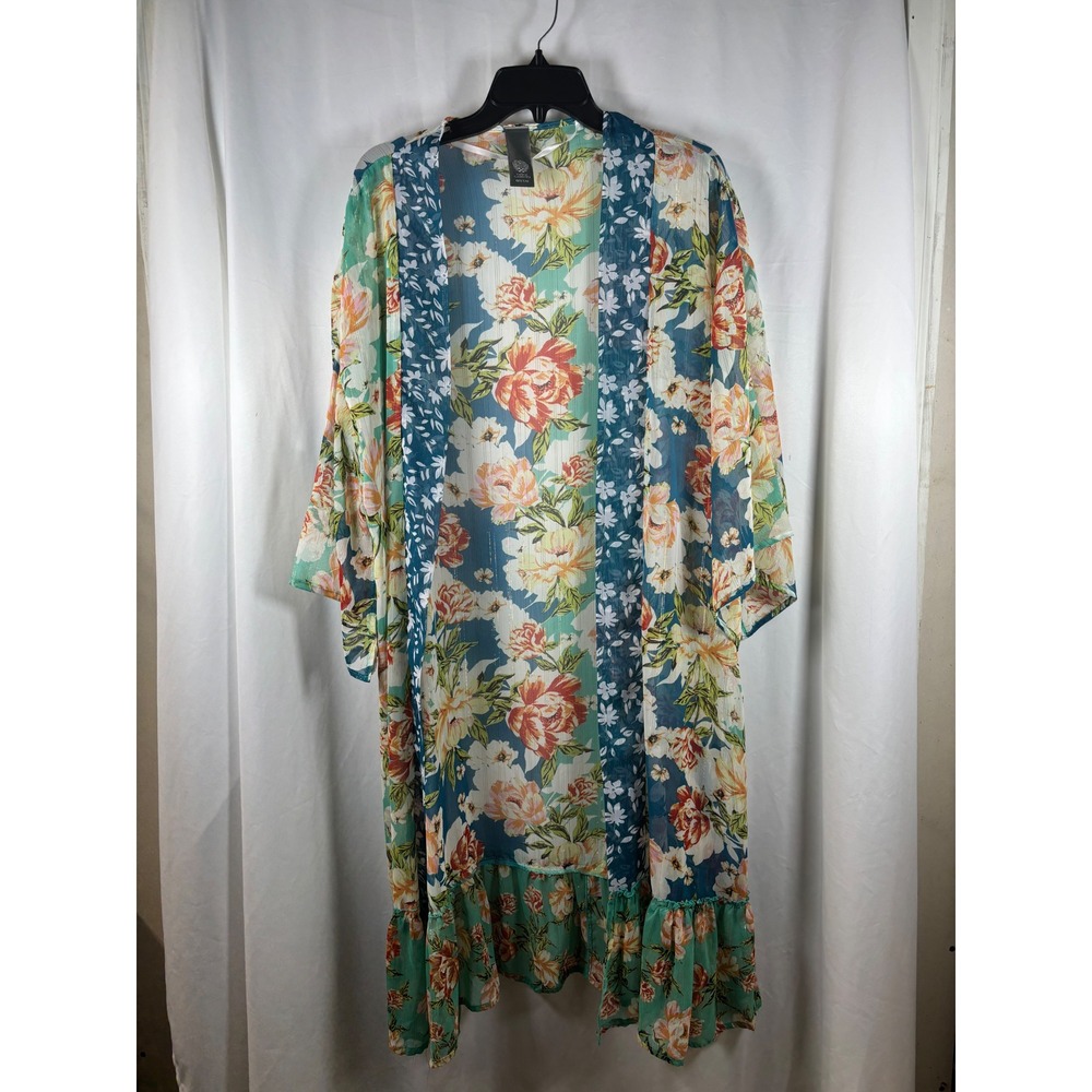 Vince Camuto Floral Kimono Duster Metallic Gold Stripe Ruffle Hem One Size OS